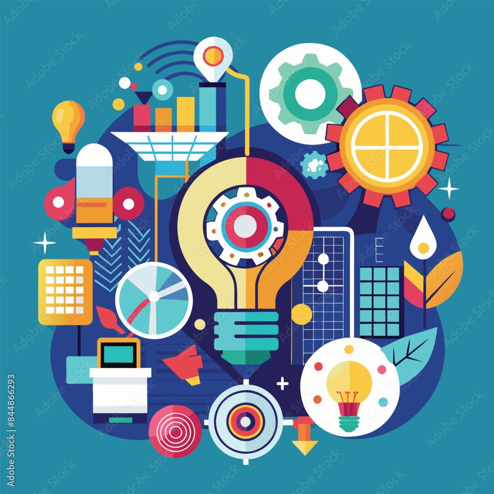 Poster an abstract design featuring a light bulb, gears, and data visualizations, symbolizing innovation an