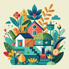 Obraz premium An abstract illustration featuring colorful houses and lush foliage, symbolizing the harmony between urban life and natural beauty, An abstract composition inspired by the concept of home and garden