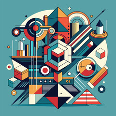 An abstract artwork featuring geometric shapes and lines, with a vibrant color palette, An abstract composition inspired by the lines and angles of modern technology