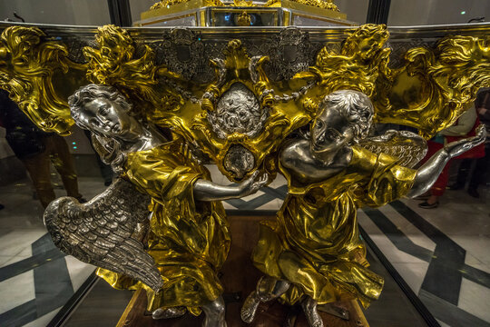 Toledo, Castille la Mancha, Spain - April 04, 2017: Detail of Arfe Processional Monstrance (Custodia Procesional) Treasure Chapel (Capilla del Tesoro) Toledo Cathedral (Catedral Primada de Toledo)