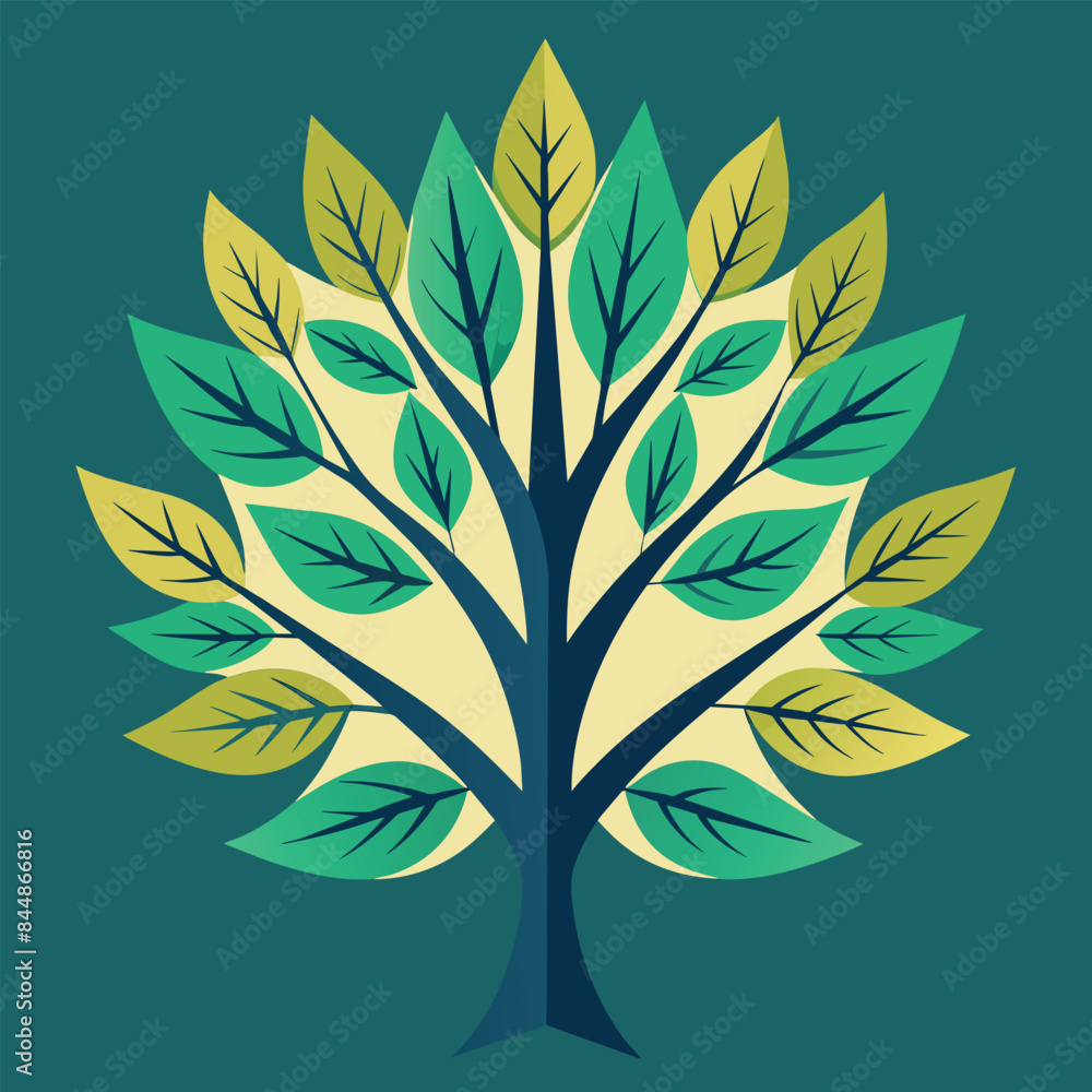 Poster a stylized depiction of a tree with green and yellow leaves set against a teal background, an artist