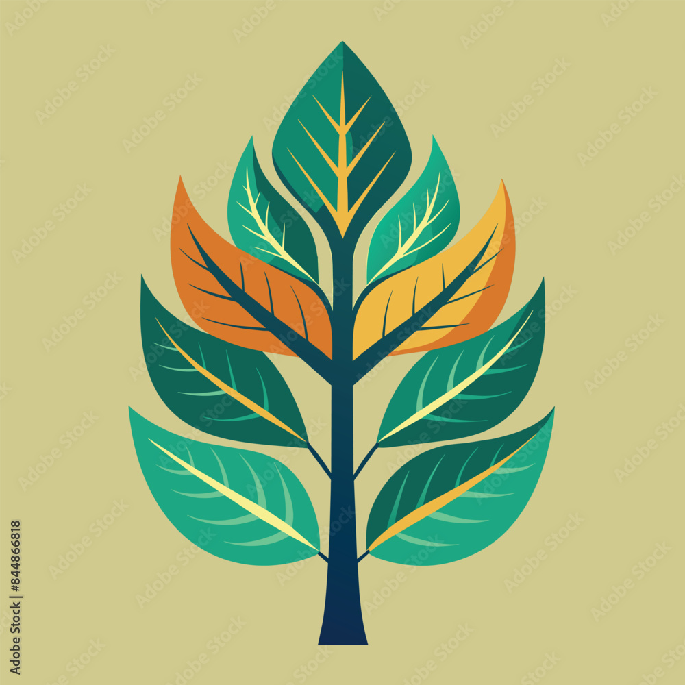 Poster artistic representation of a tree with green and orange leaves, an artistic representation of a leaf