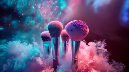 A set of makeup brushes with colored powder flying around, on a bright background with gradients of blue and pink.
makeup lessons, art projects, creativity