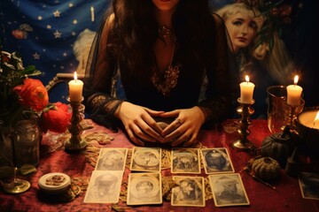 Anonymous fortune teller conducts a tarot reading session surrounded by candles and magical symbols