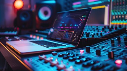 Fototapeta premium Modern Music Record Studio control desk with laptop screen, interface of a Digital Audio Workstation