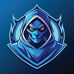 A digital illustration of a blue hooded warrior mascot with glowing orange eyes, BLUE hoodie mysterious warrior e-sports mascot gaming logo
