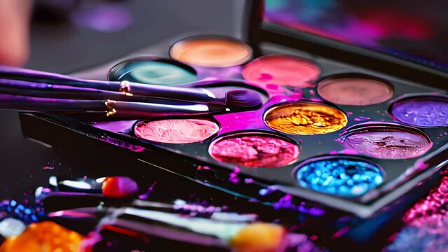 A palette of bright eye shadows with makeup brushes scattered around, on a dark background.
cosmetics, beauty blogs, makeup tutorials, beauty, creativity, professional makeup