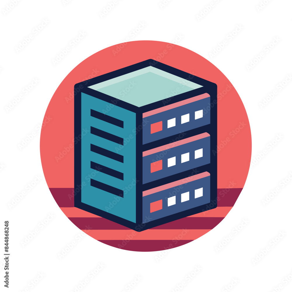 Poster a simple, clean icon of a computer server depicted in a minimalist style within a red circle, clean,