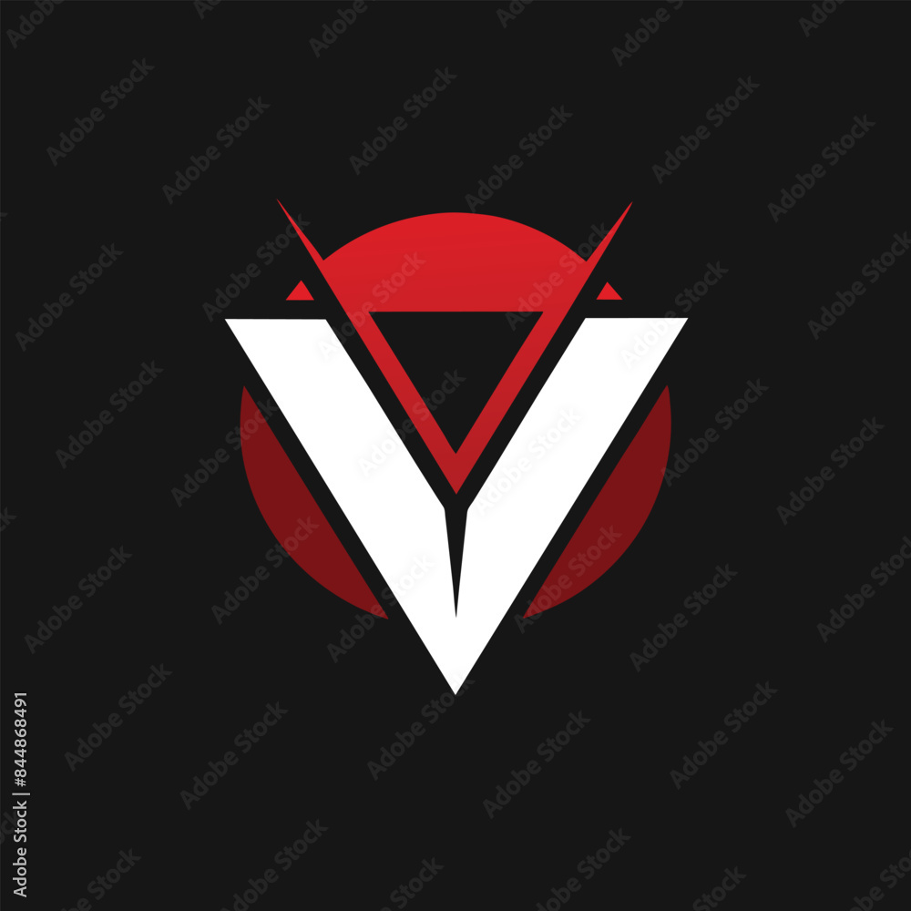 Poster a minimalist logo design featuring the letter v created using negative space within a red circle, co