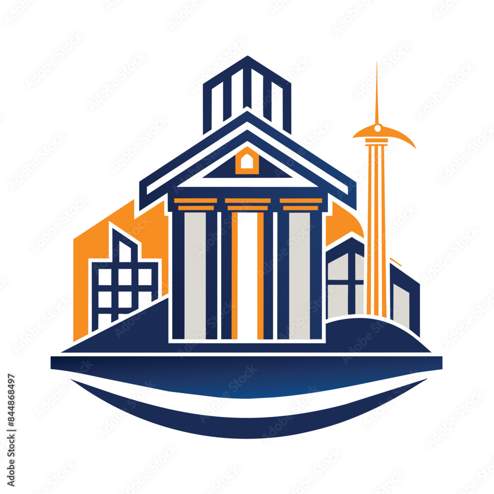 Aufkleber a stylized logo design depicting a cityscape, featuring a large building with columns, a smaller bui