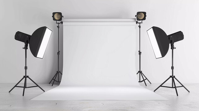 Empty photography studio with whte backgruound and twi softbox lights wihtout people