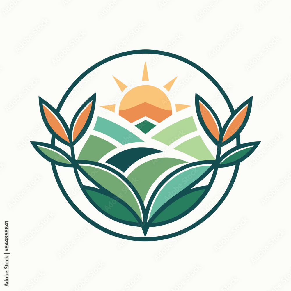 Sticker a circular logo design featuring a sunrise over a series of rolling hills, encompassed by two styliz