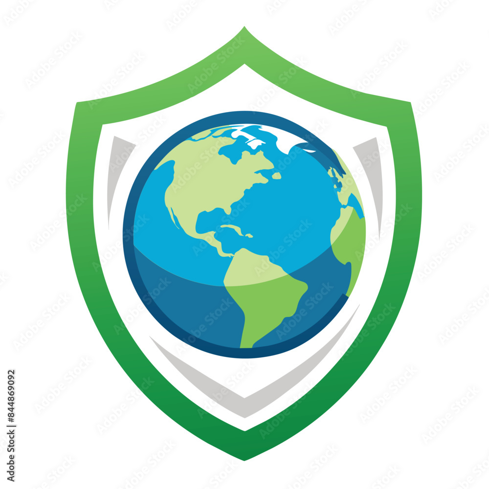 Poster a green shield with a globe inside, craft a simple logo that conveys the message of protecting our p