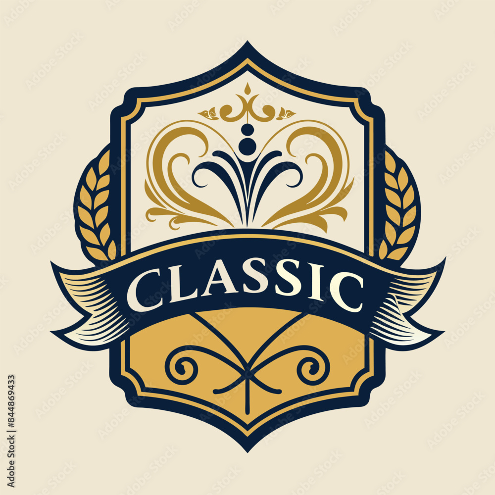Poster a simple and elegant logo featuring a ti design within a shield shape with wheat sprigs and a classi