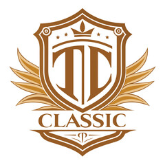 Fototapeta premium A simple, classic logo featuring the letters TI in a gold shield with a crown on top and wings behind the shield, Create a clean and understated logo featuring a timeless font