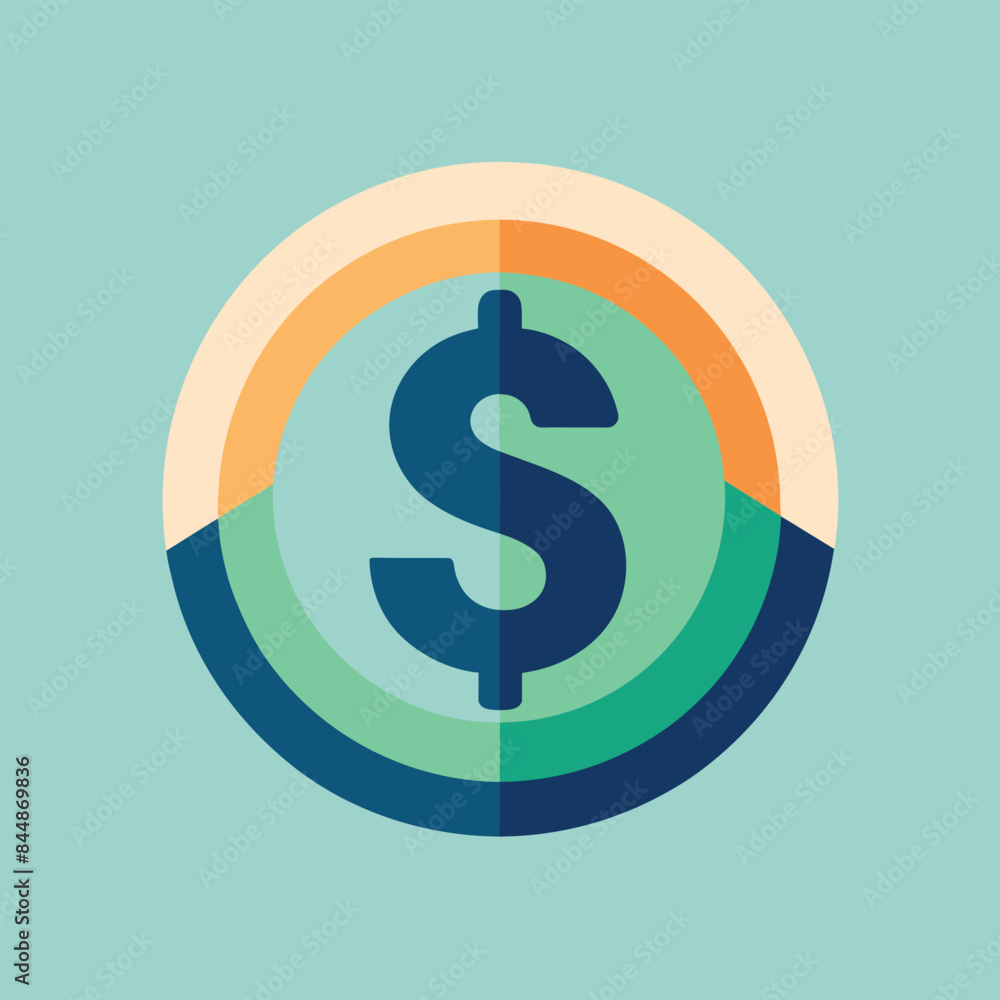 Poster a simple, stylized icon featuring a dollar sign in a circular design with colorful sections, create 