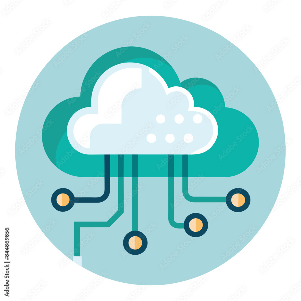 Poster a minimalist icon depicting a cloud with connected lines, symbolizing data storage and processing in