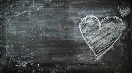 Chalkboard with a large heart drawn in white chalk. Heart drawing on blackboard. Concept of love, simplicity, minimalistic art, romantic decoration. Copy space