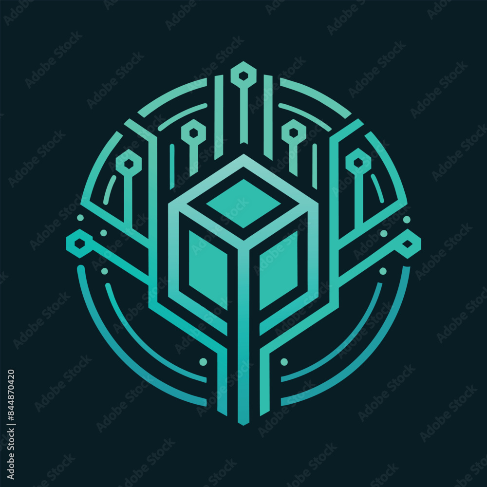 Poster a modern, minimalist logo design featuring a cube with a circuit board pattern surrounding it, creat