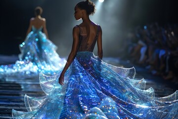 African American female model in a flowing blue dress on the runway. Concept of fashion show, haute couture, elegant evening wear