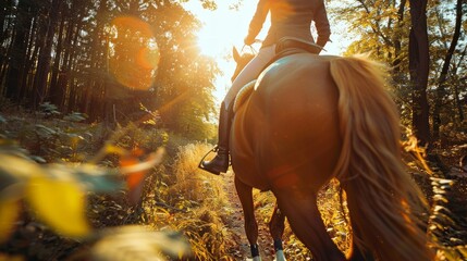 Rider on horseback in a sunlit forest trail. Horseback riding in forest. Concept of equestrian sport, outdoor adventure, nature trail, sunlight