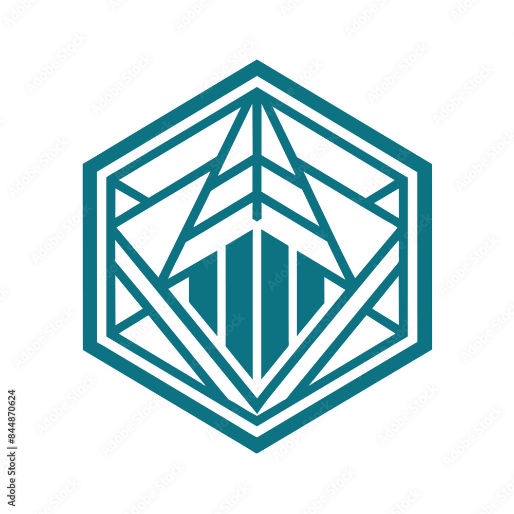 Poster a minimalist logo featuring a teal hexagon with geometric lines creating a triangular pattern inside