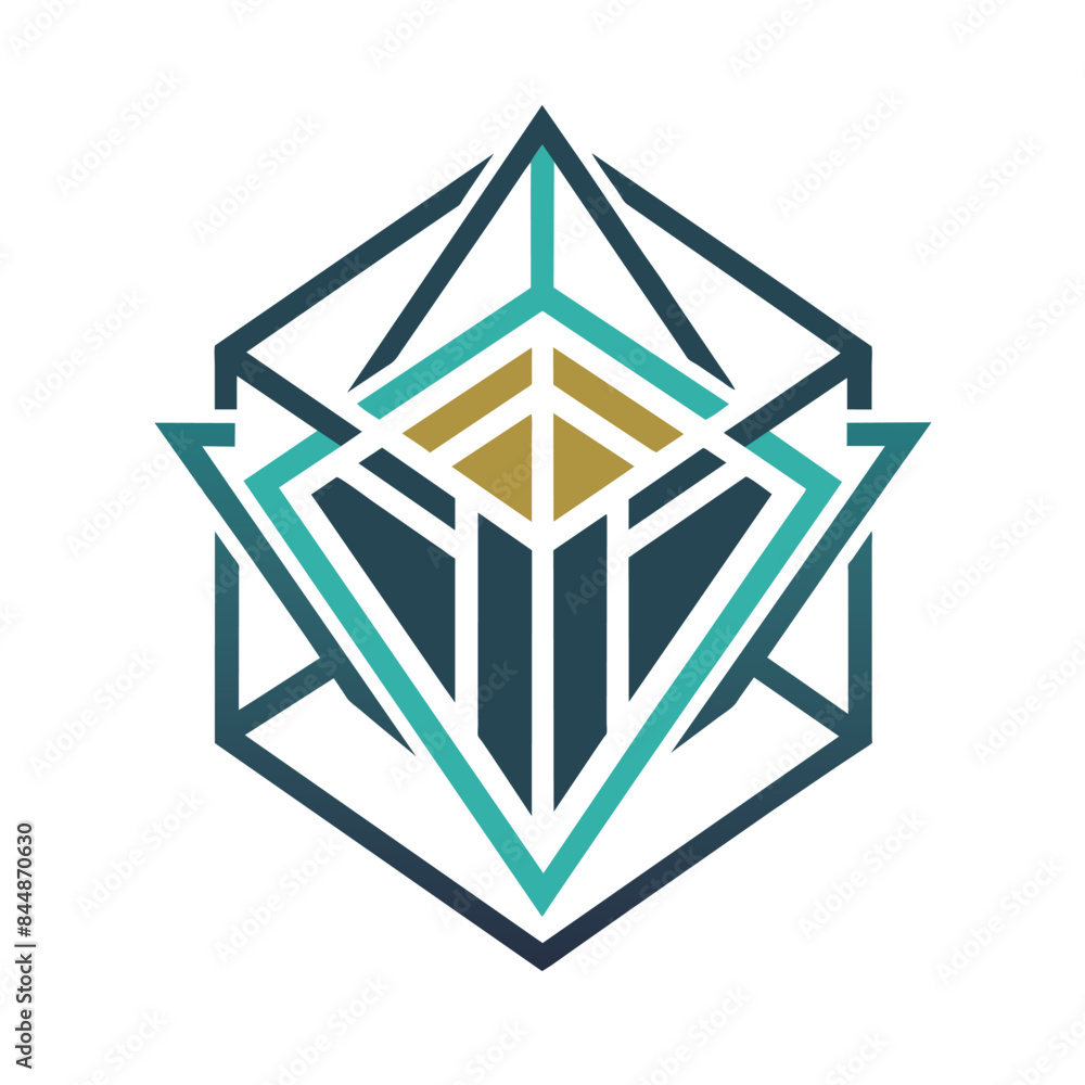 Wall mural Minimalist logo featuring a geometric shape design in a teal, blue, and gold color scheme, Create a minimalist logo with clean lines and geometric shapes