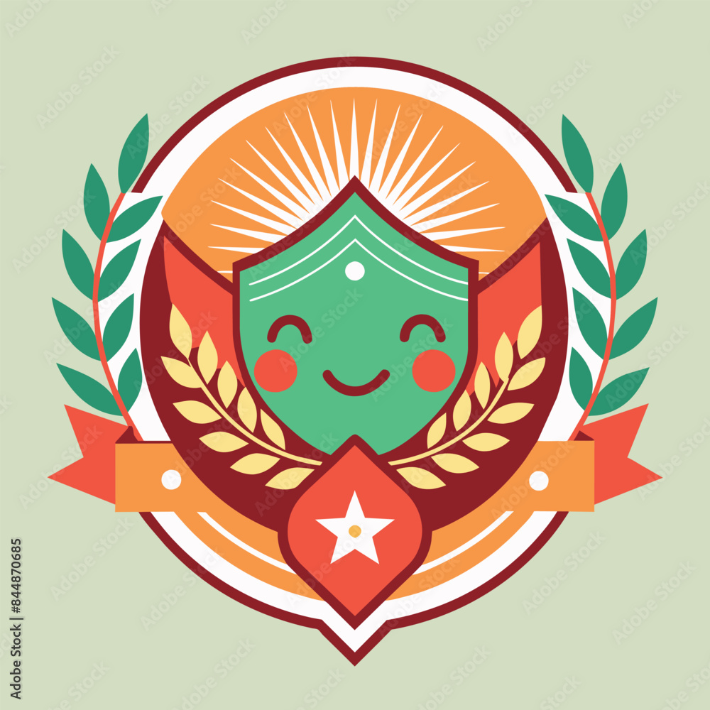 Poster a minimalistic emblem featuring a smiling shield surrounded by a laurel wreath and a star, create a 