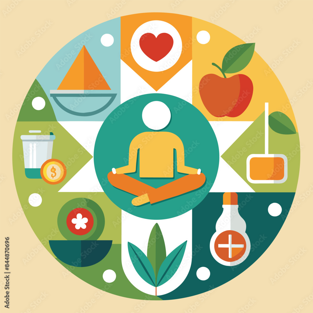 Poster minimalistic design symbolizing health and wellness through circular icons, create a minimalistic de