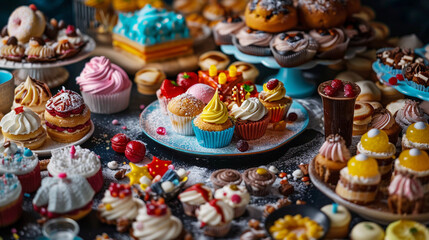 Assorted candies and cakes with sugar gummies stock image, created with geenrative AI