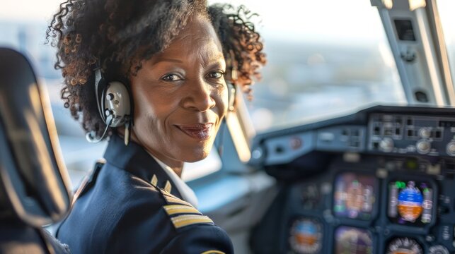 African American female airline pilot in the cockpit. Concept of woman in aviation, pilot profession, cockpit, flight deck