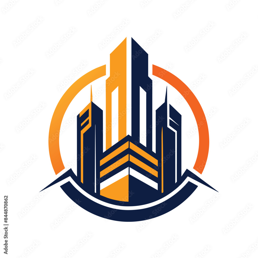 Poster a modern logo design depicting a city skyline within a circular frame, create a sleek and modern log