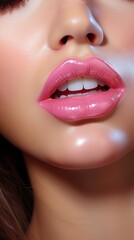 Fototapeta premium Close-up of beautiful glossy pink lips on female face. Concept of beauty, cosmetics, makeup, lip care, fashion. Vertical