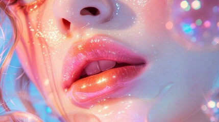 Fototapeta premium Close-up of glossy lips with sparkles and pastel lighting Concept of beauty, glamor, cosmetics, female face