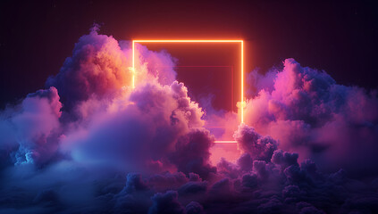 Fototapeta premium 3d render, abstract minimal background with pink blue yellow neon light square frame with copy space, illuminated stormy clouds, glowing geometric shape