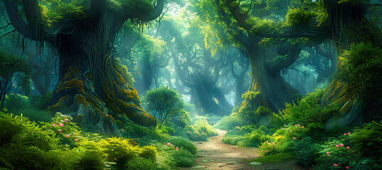 A beautiful fairytale enchanted forest with big trees and great vegetation. Digital painting background