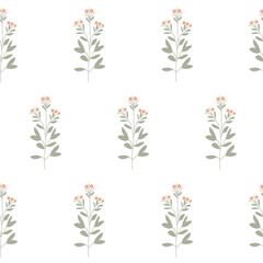 Simple floral pattern features evenly spaced, delicate  flowers in soft pastel colors on a light, neutral background. For textiles, cotton fabric, covers, wallpaper, print, postcard, scrapbooking.

