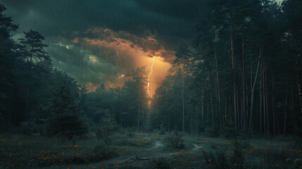 Fototapeta premium Thunderous dark sky with clouds and lightning in the forest 
