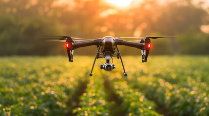 Um drone de trabalho sobrevoando uma plantação durante o pôr do sol