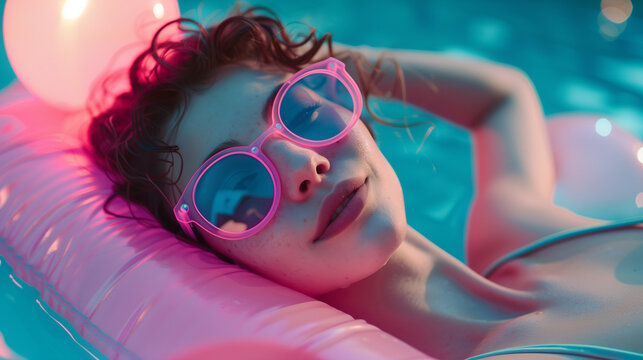 Close up de uma mulher jovem com sorriso leve usando um &oacute;culos de sol rosa deitada em uma boia rosa em uma piscina em um dia de ver&atilde;o