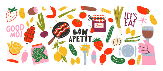 Set of fresh food products. Grocery basket, dishes, baked goods, drinks, delicacies, ingredients. Fresh grocery products. Cartoon doodle cartoon retro supermarket stickers