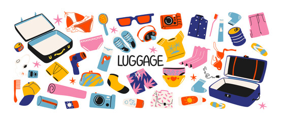 Set cartoon luggage stickers, travel bags, suitcases with clothes for travel. Packing for vacation, beach. Various clothes, accessories, vacation concept. Vector doodle groovy drawing in retro style © Limpreom