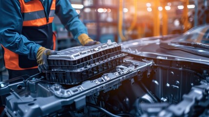 A mechanic replacing the electric car battery