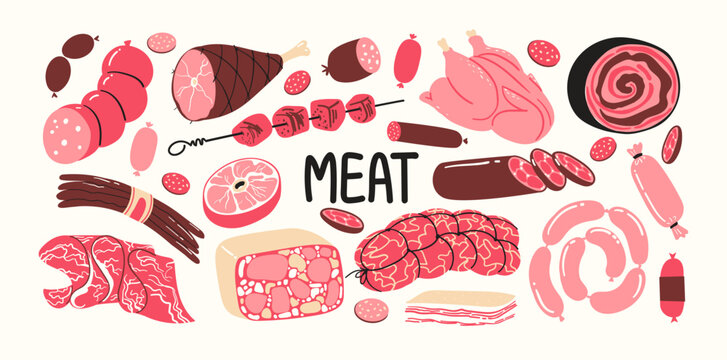 Set of meat products ingredients for BBQ, sausages, meat, steaks, chicken legs. Cartoon flat doodle design of pieces of meat. Raw and fried meat kebab set