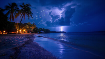 Thunderous dark sky with clouds and  lightning ، and sea 