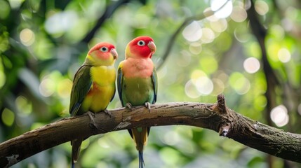 Obraz premium A pair of lovebirds are perched on a tree branch