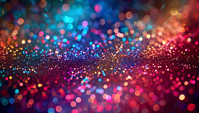 cloud of multicolored particles in the air like sparkles on a dark background with depth of field. beautiful bokeh light effects with colored particles. background for holiday presentations.