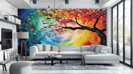 A modern cozy living room with a large colorful tree mural