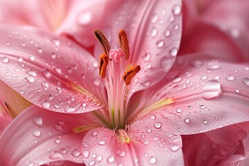 Pink lilies flower petals with water drops on it. Close up.