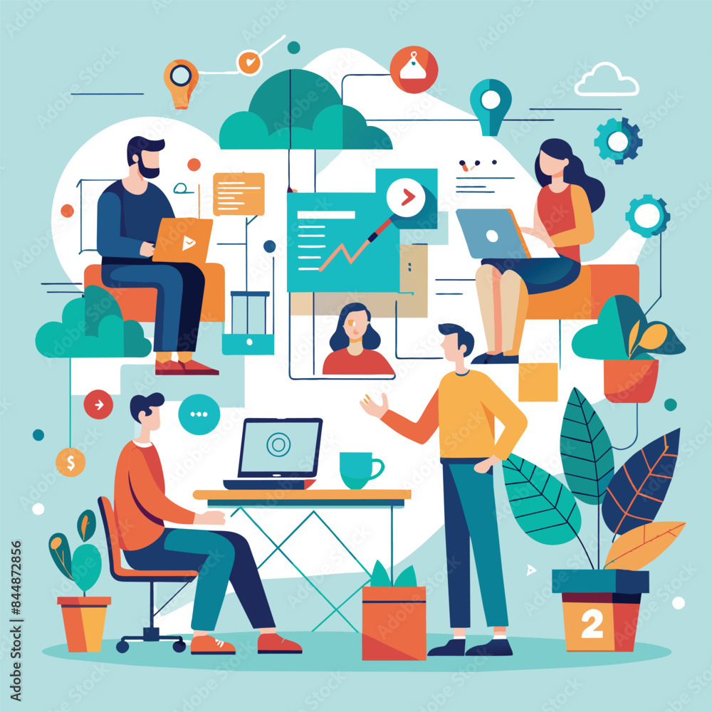 Poster a minimalist design showcasing a collaborative workspace with diverse team members working together,